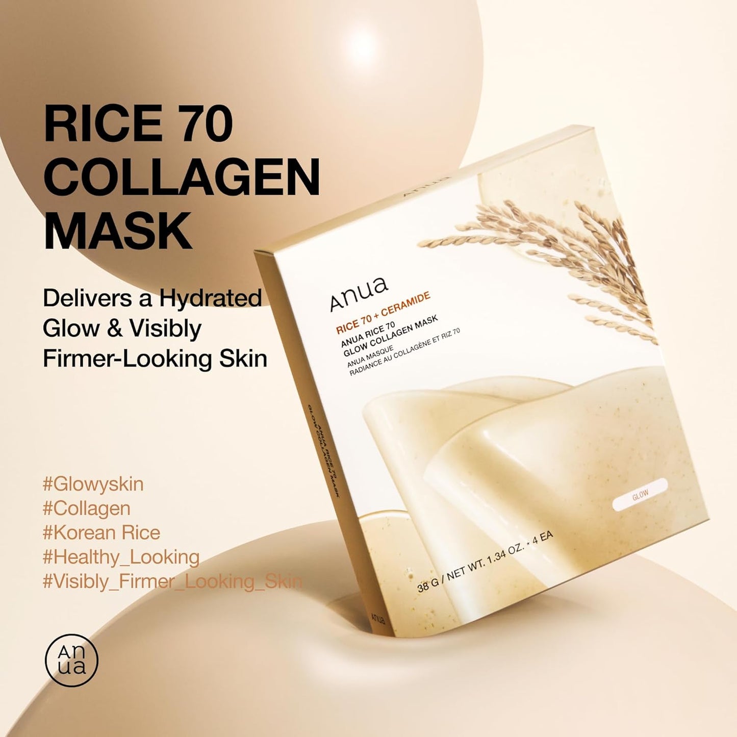 Anua Rice 70 Glow Collagen Mask 38g X 4ea