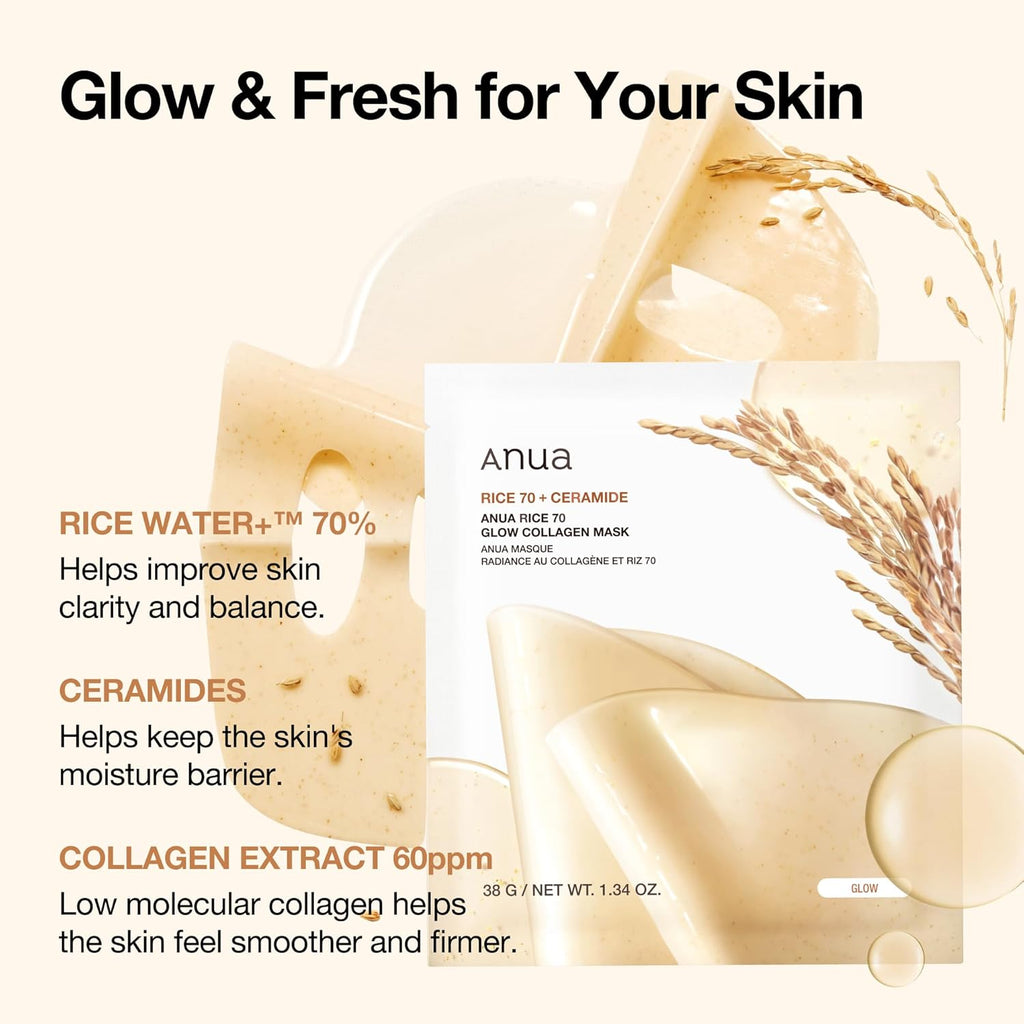 Anua Rice 70 Glow Collagen Mask 38g X 4ea