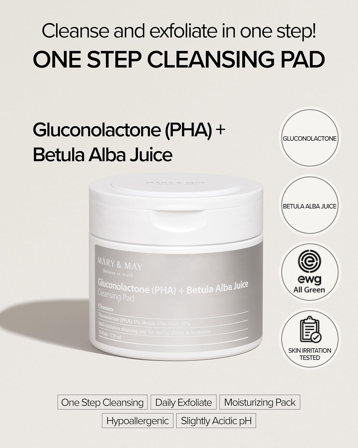 [MARY & MAY] Gluconolactone (PHA)+Betula Alba Juice Cleansing Pad 270ml (70 Pads)
